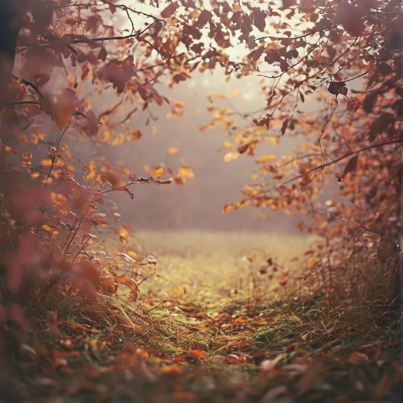 A view through tree branches looking down a grassy path in a foggy autumn forest with golden light.