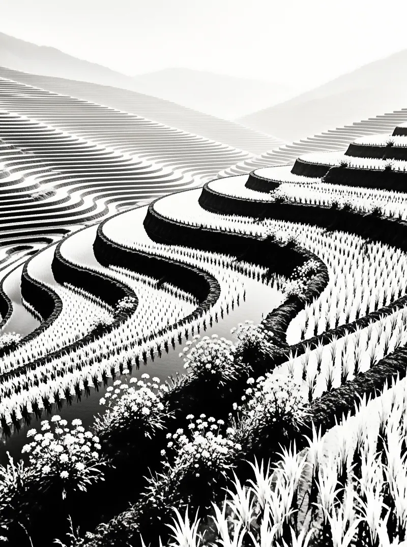 Black and white photo of curved rice terraces winding up a mountain slope with wildflowers in the foreground.