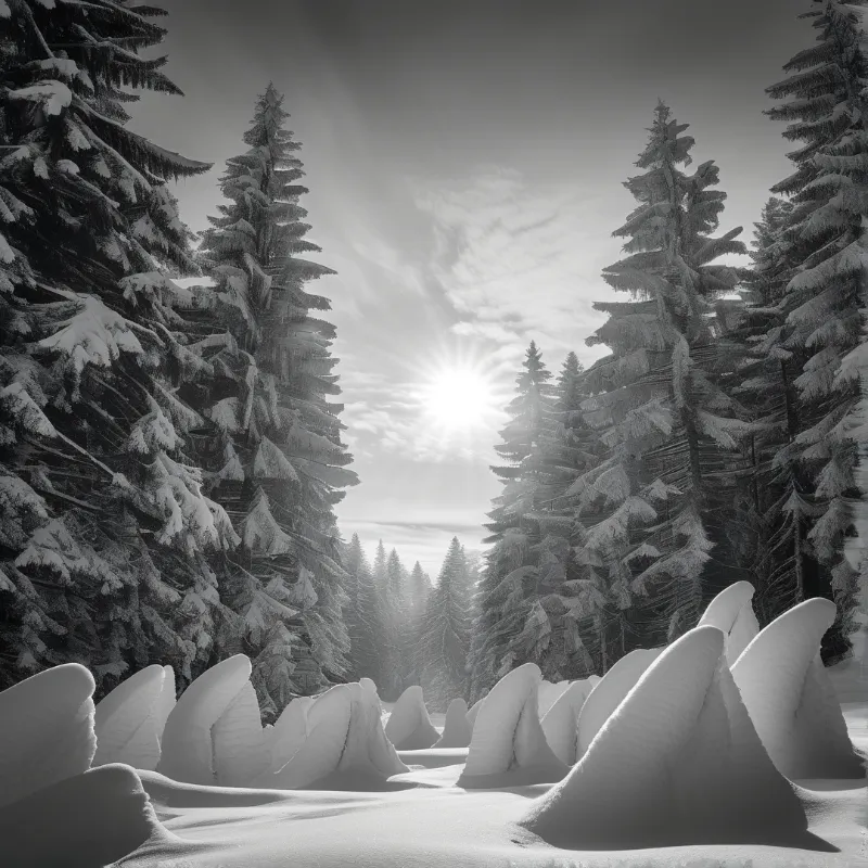 Monochrome evergreens heavy with snow frame sculpted white drifts beneath a bright sunburst in a frosted clearing