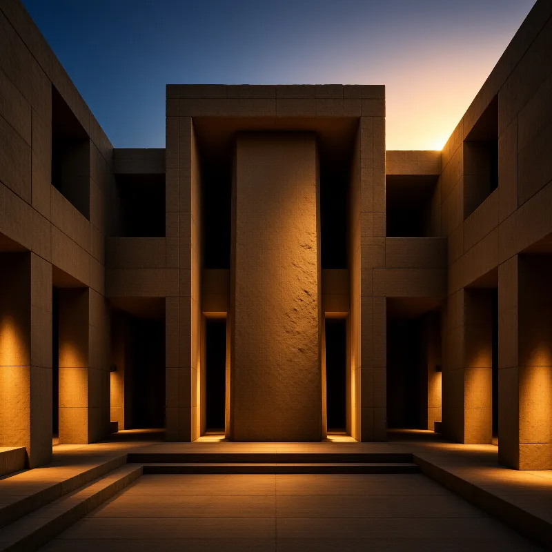 Brutalist concrete architecture at blue hour with golden sunset light on rough textured walls and deep recesses