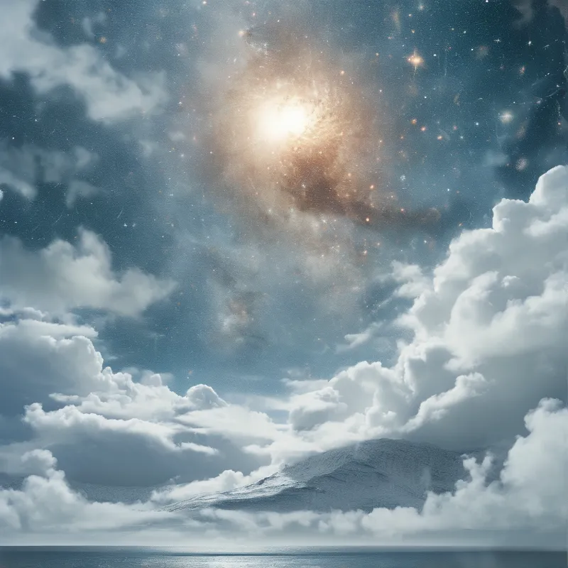 A snow capped mountain emerges from fluffy white clouds beneath a luminous spiral galaxy glowing in the blue sky.