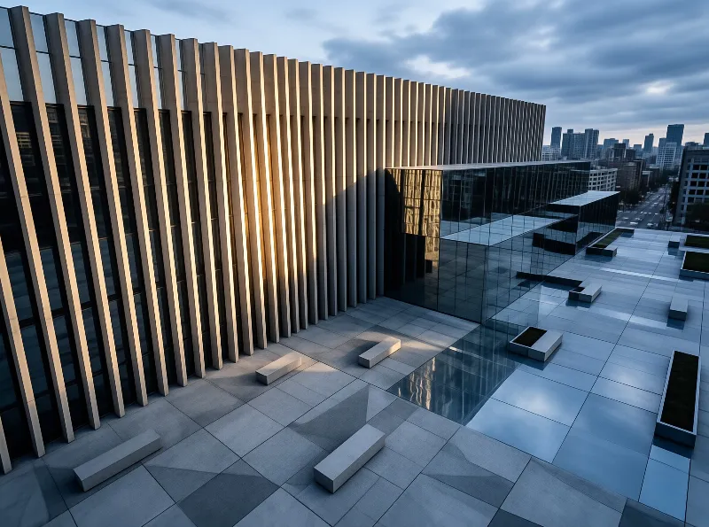 Vertical concrete fins line a glass pavilion on a terrace as warm evening sun rakes across the facade under a cloudy sky.