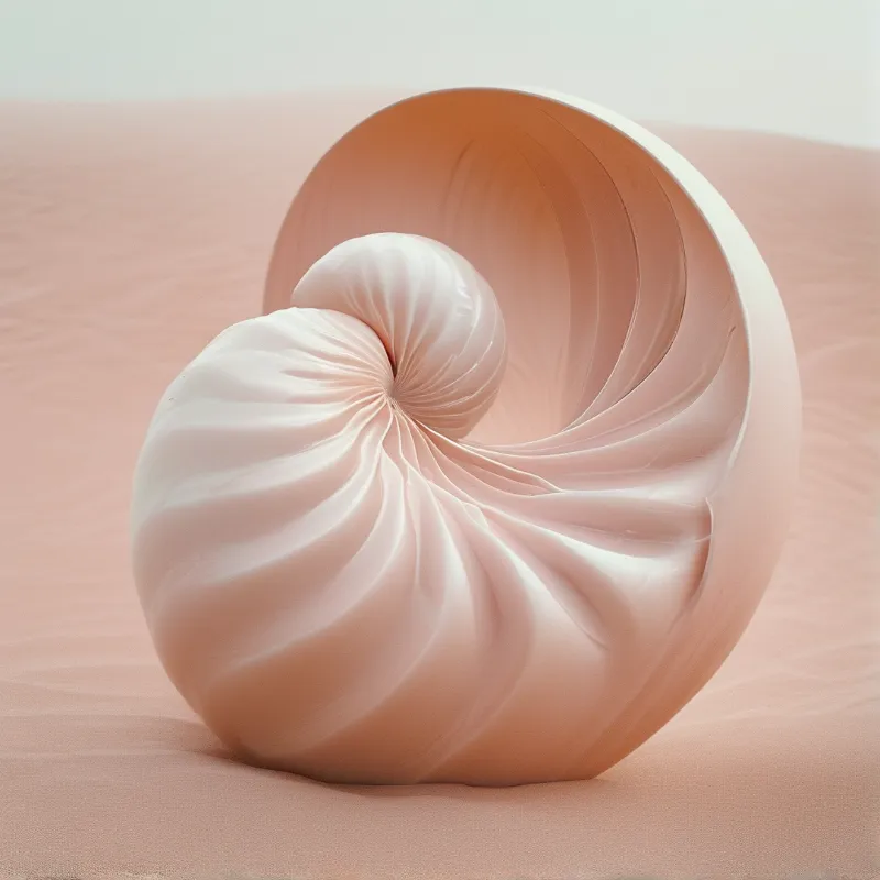 A smooth glossy pale pink nautilus shaped sculpture sits on rippled light peach colored sand with soft even warm lighting.