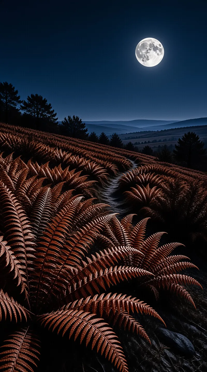 Dense rust foliage lines a reflective channel leading toward shadowed peaks beneath a luminous satellite.