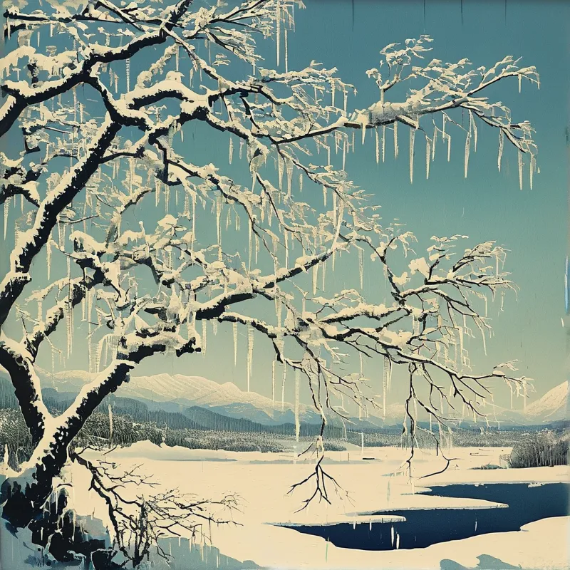 Dark tree branches heavily laden with white snow and long icicles against a teal blue sky and distant mountains.