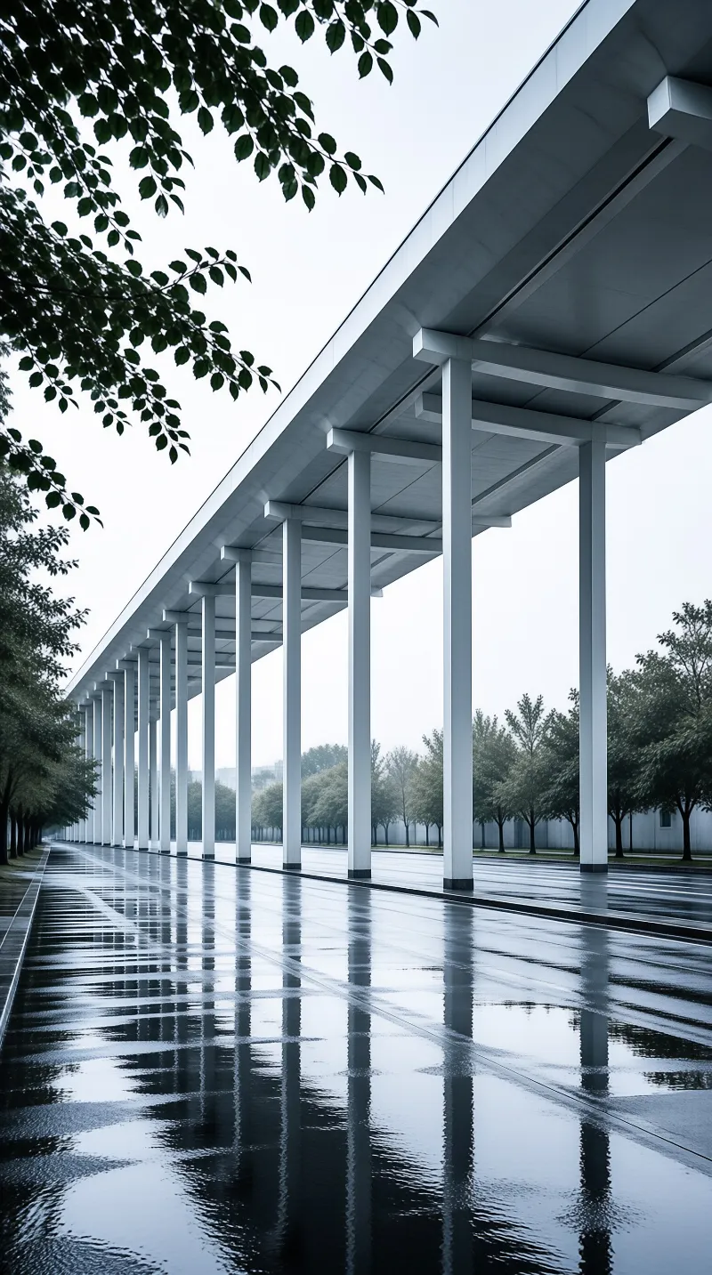 A white colonnade with columns reflects on wet ground beneath an overcast sky with trees on both sides