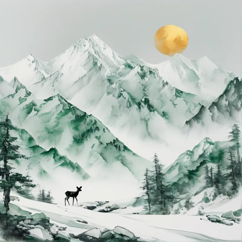 A solitary deer stands on a snowy slope surrounded by misty green mountains and pine trees beneath a large golden sun.