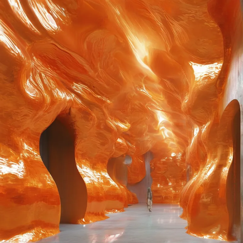 A small person walks away through a tunnel of wavy translucent orange sculpted walls that glow with internal light.