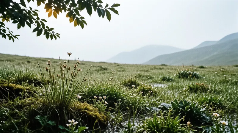 Small white wildflowers and moss thrive in a damp highland meadow, with hazy mountains rising beneath a muted sky.