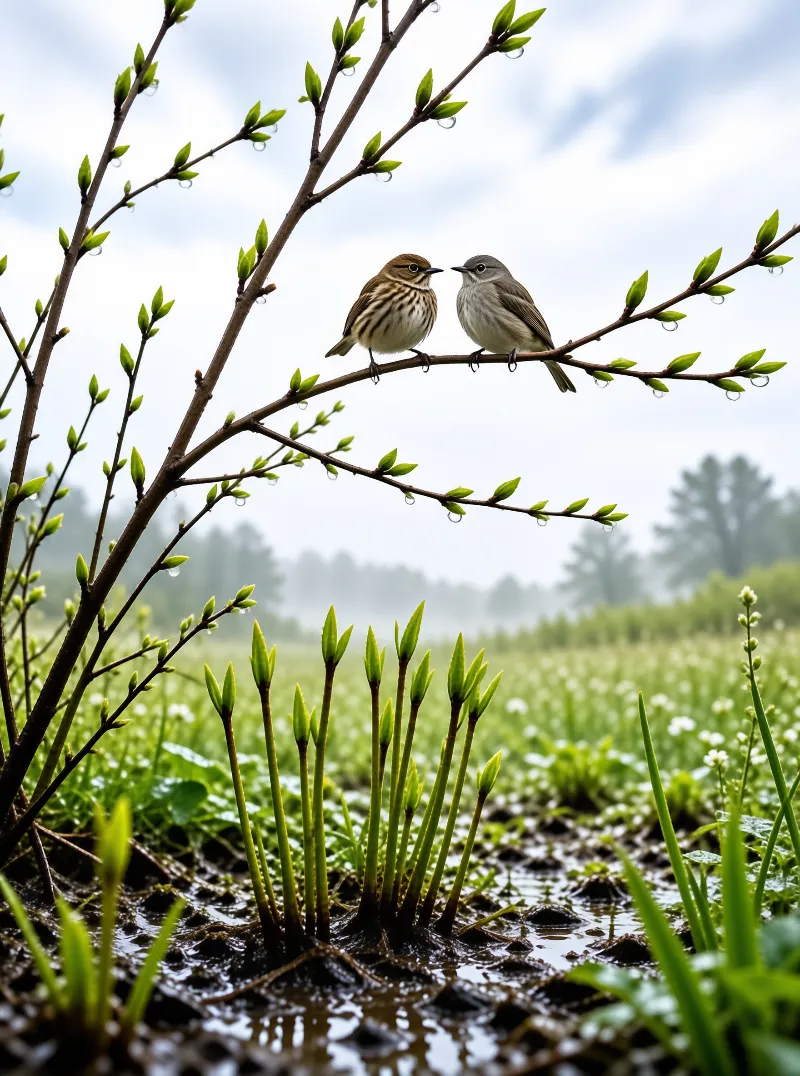 Two small birds face each other on a slender branch with fresh buds and droplets amidst a foggy green background.