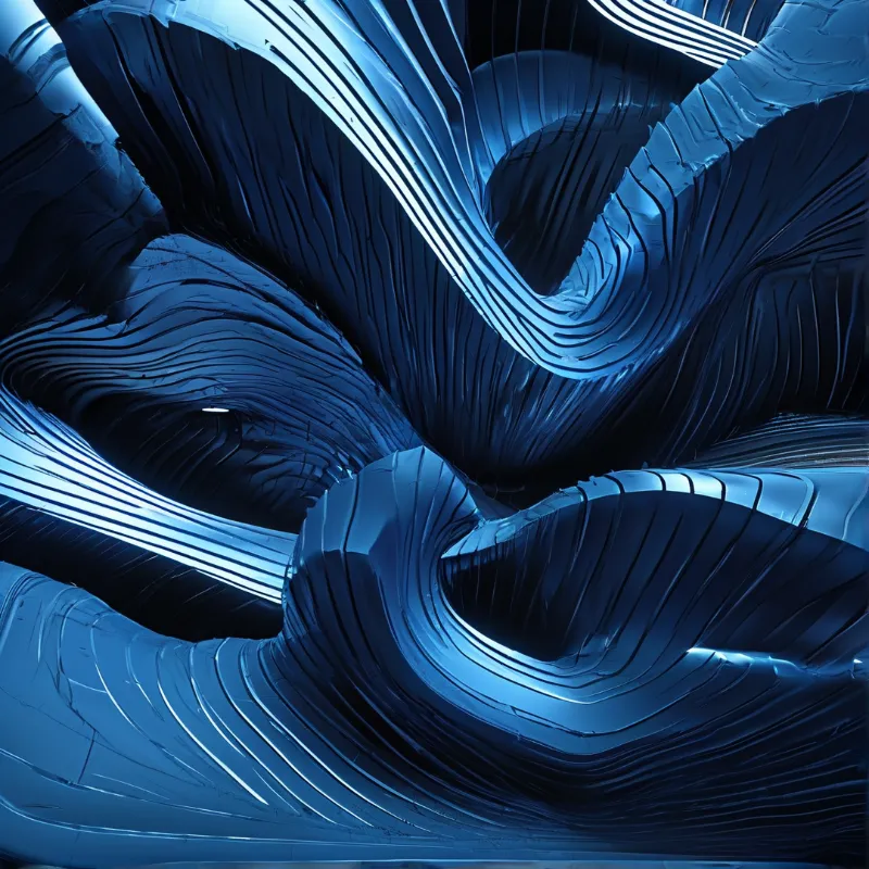 Deep blue ribbon forms twist and spiral across the frame with bright streaks of light catching their edges.