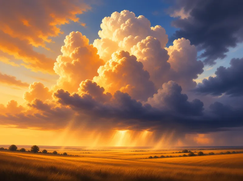 A towering cumulonimbus cloud casts golden sunbeams across a vast yellow field during sunset.