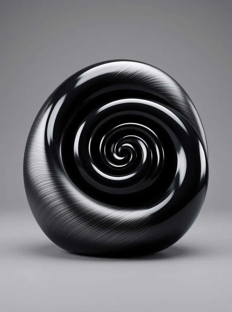 A reflective black spherical object featuring a swirling silver metal texture sits isolated on a plain gray studio surface.