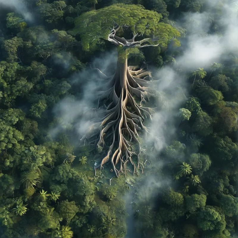A massive toppled tree with thick exposed roots towers out of the low fog draped over the dense lush green tropical rainforest.