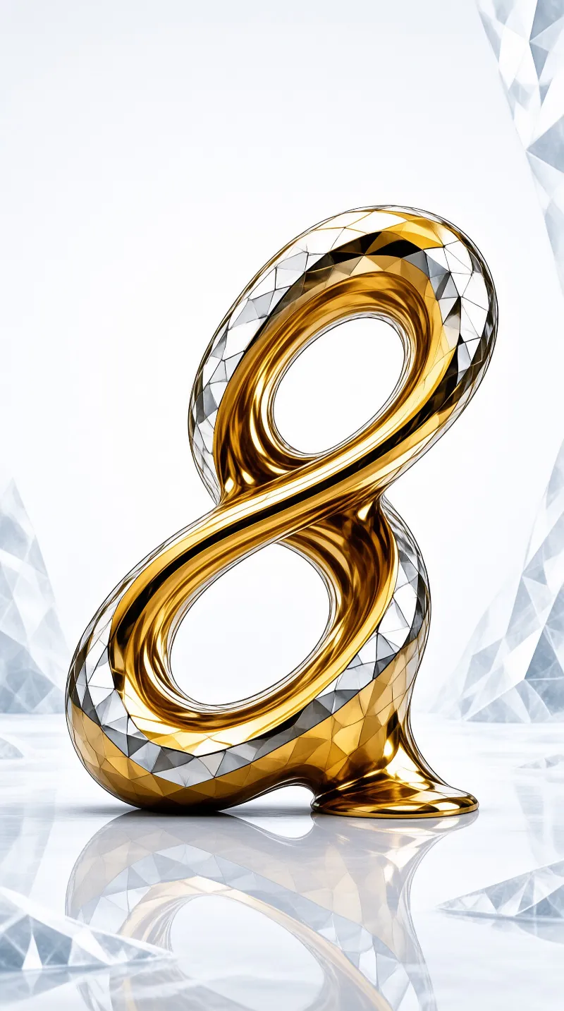 A polished gold figure eight twists above a reflective floor, its edges wrapped in faceted silver crystal.