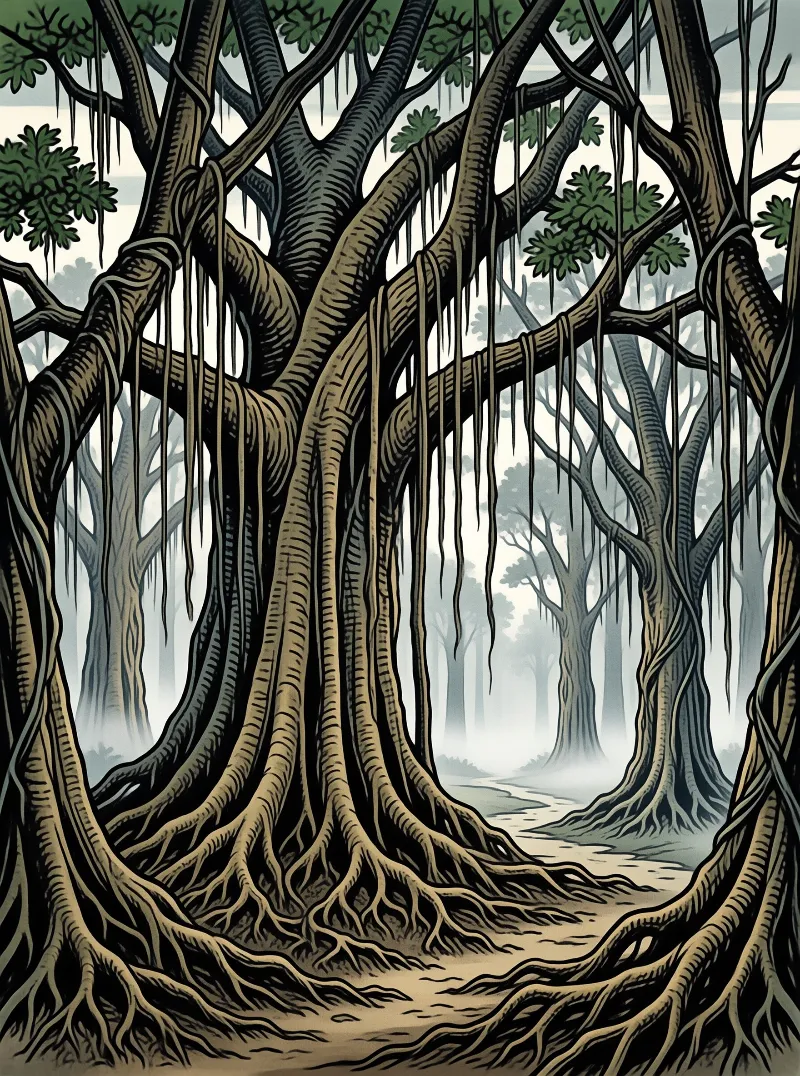Gnarled tree roots frame a misty forest path with hanging vines and dark foliage above.