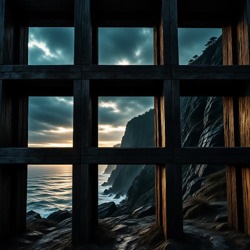 A dark wooden grid frames a view of rocky ocean cliffs and waves under a cloudy sky with breaking light.