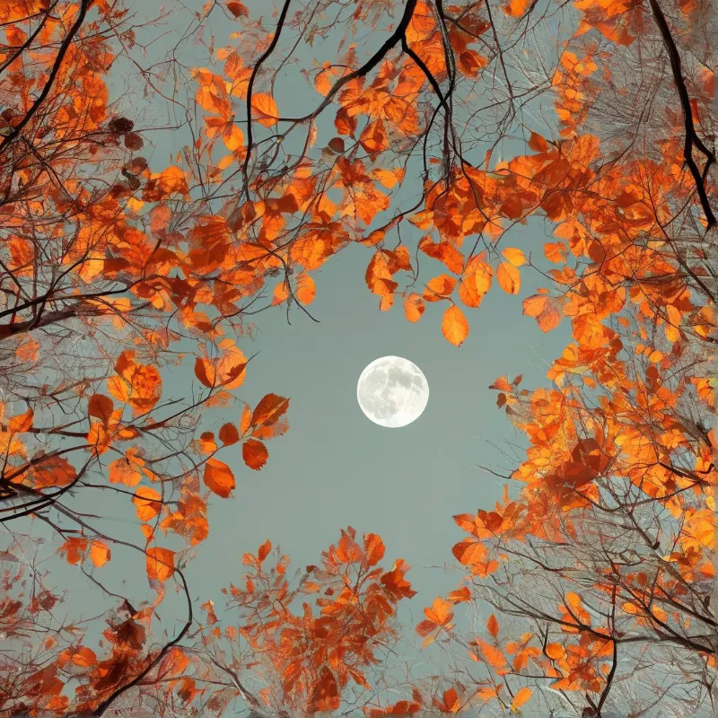 A bright full moon hangs in a pale blue sky while vibrant orange autumn leaves frame the edges of the view.