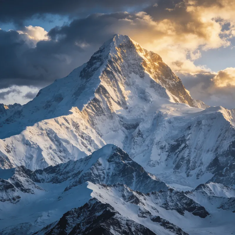 Snow-Capped Peaks Under a Dramatic Sky