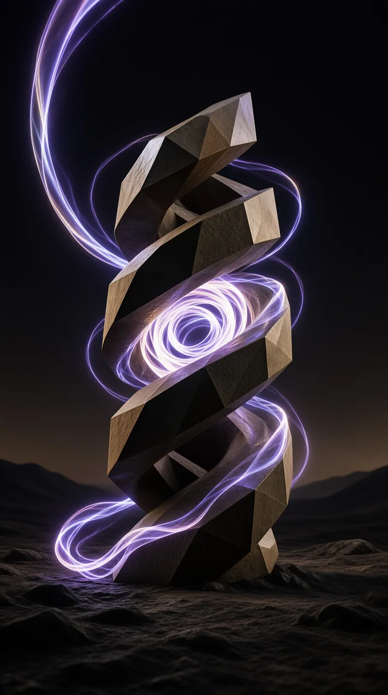 A dark faceted structure resembling a twisted tower stands on rough rocky terrain illuminated by swirling purple light that spirals around its geometric segments creating a mysterious atmosphere in a barren landscape