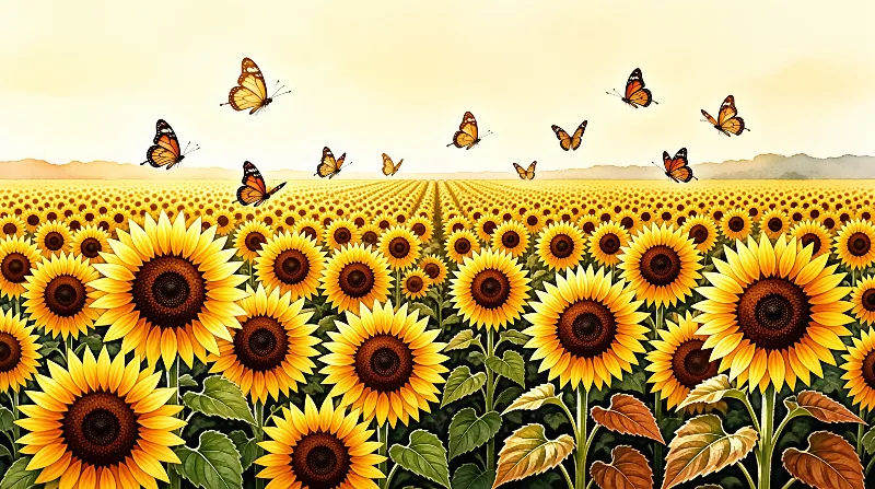 A vast field of blooming sunflowers stretches toward a pale horizon while orange butterflies flutter in the air above.