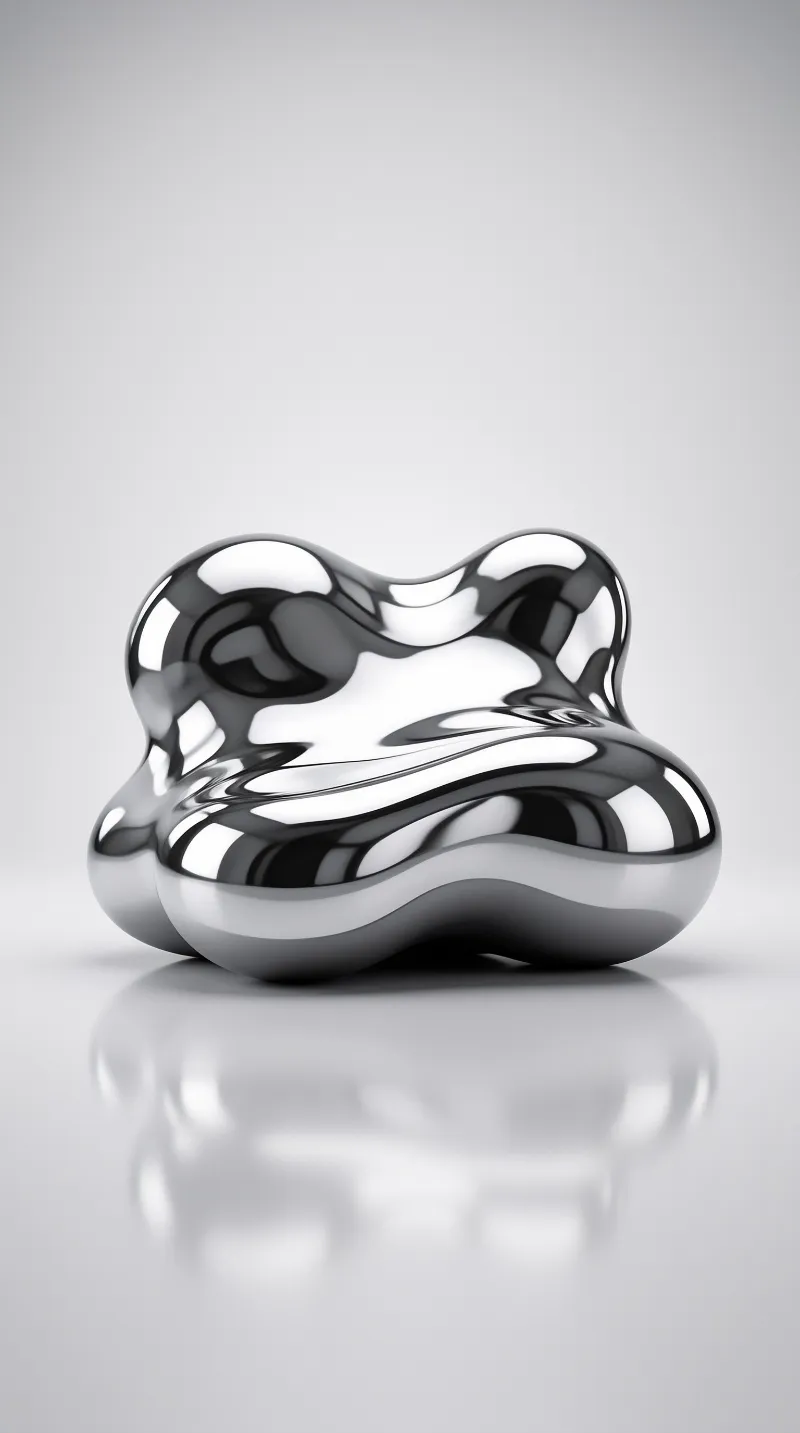 A molten metal form with smooth bulging lobes sits on a bright reflective surface, mirroring its dark glossy curves