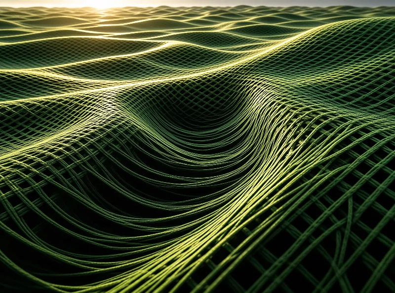 Wavy green rope mesh creates an undulating landscape, golden sunlight glows on its crests and dark shadow fills its hollows.