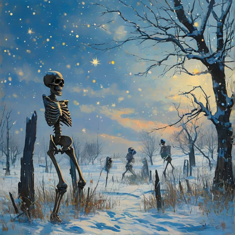 Skeletons in Snowy Night