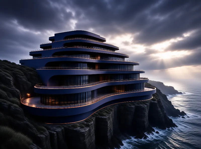 This multi-tiered dark blue building rests on a rugged ocean cliff, warm interior lights stand out against the moody stormy sky and sun rays breaking over the sea
