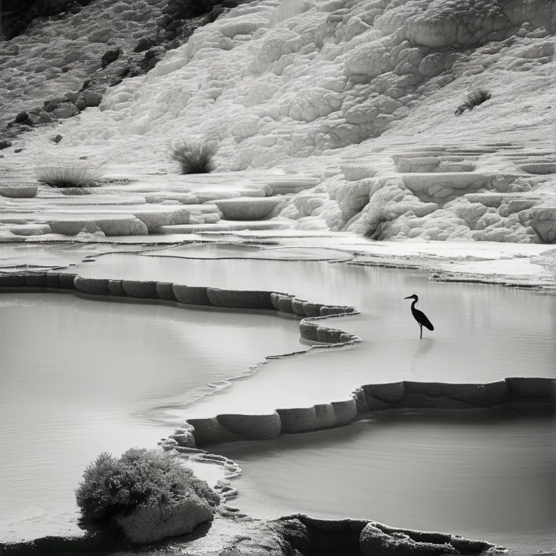 A lone bird stands in a pool of water surrounded by layered white rock formations in a high contrast monochrome landscape.