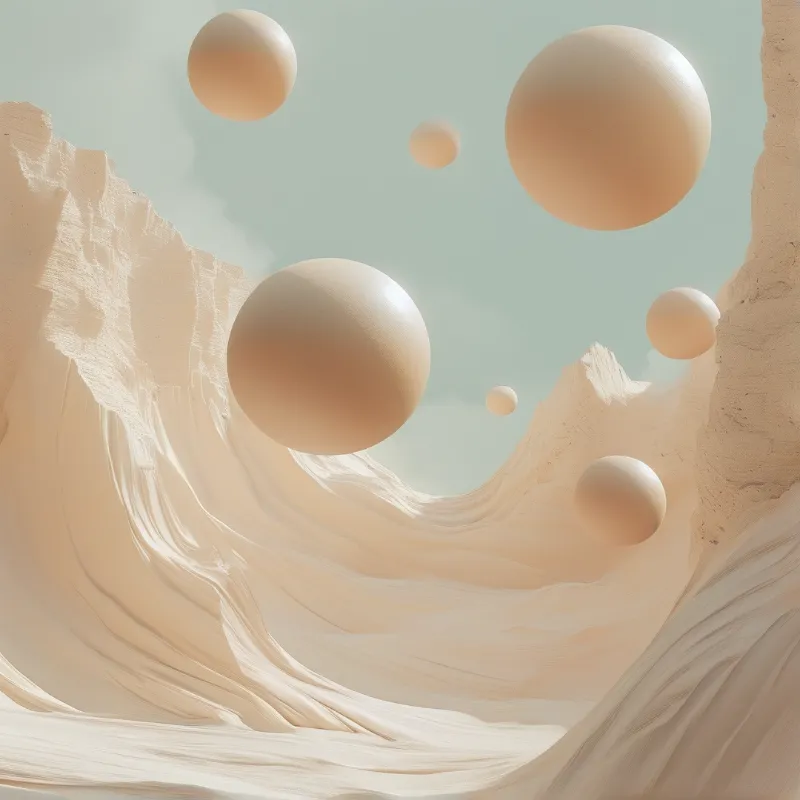 Glowing beige orbs hover above smooth eroded dunes beneath a soft mint green sky.
