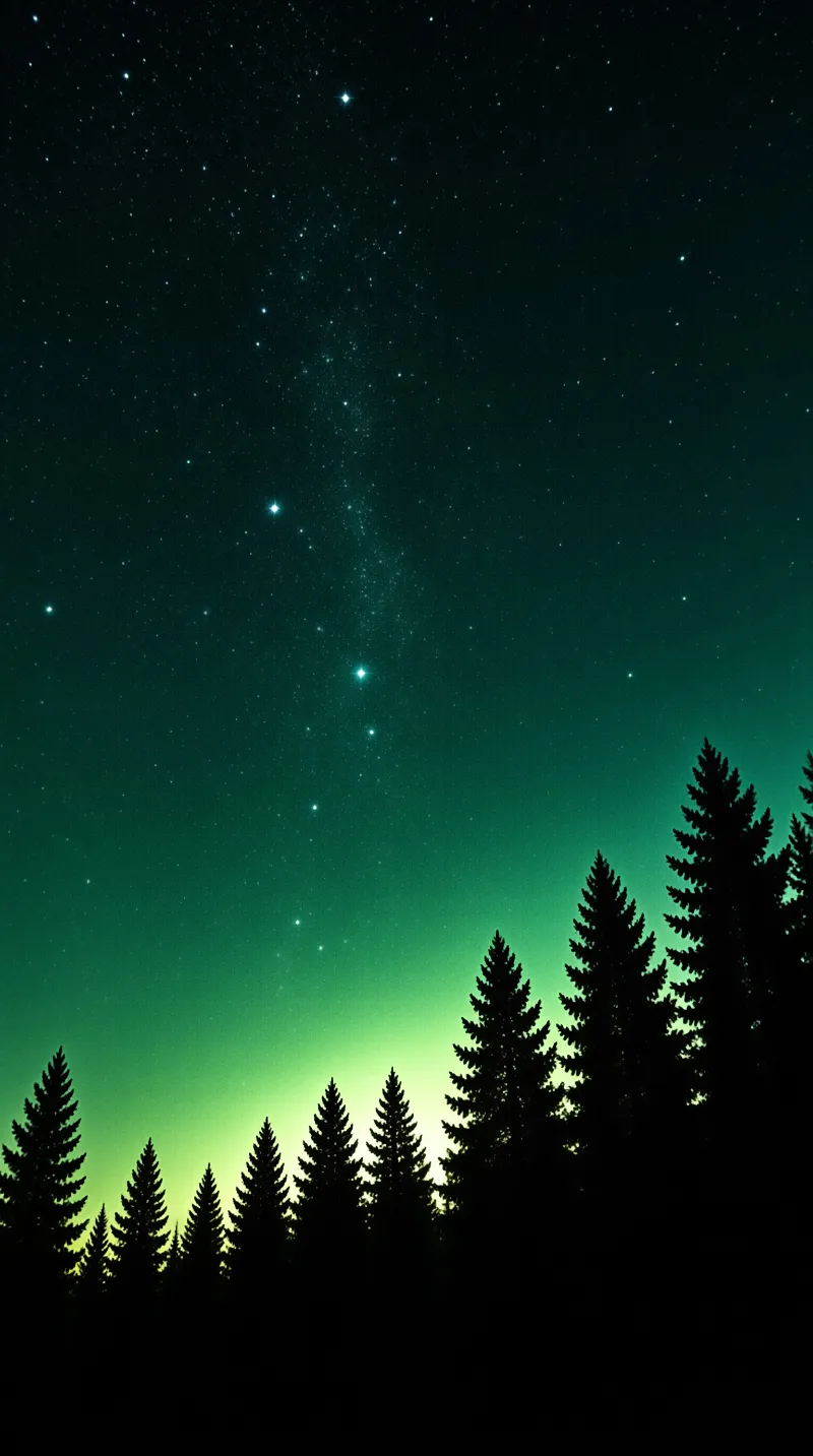 Dark pine trees line the bottom edge while a glowing green aurora spreads across a deep blue starry sky above the forest.