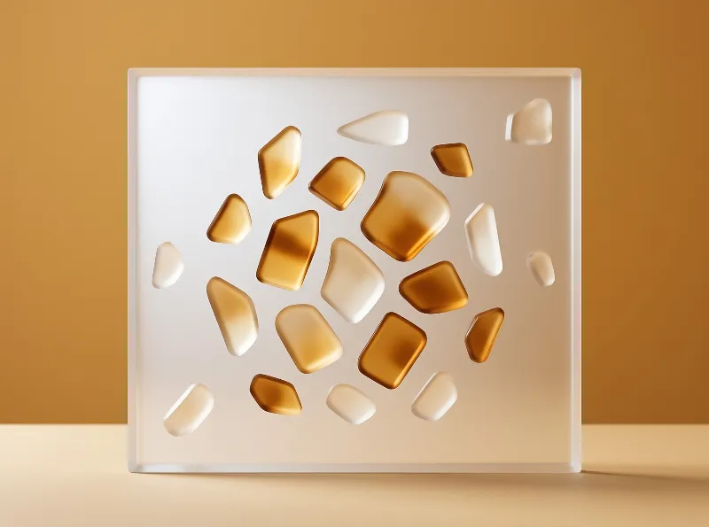 A square transparent block containing floating gold and white smooth shapes rests on a warm brown surface.