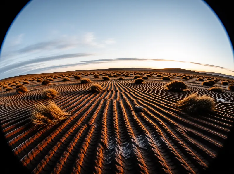 Wind carved sand ripples fan across a desert floor dotted with dry grass tufts under a fading sunset.
