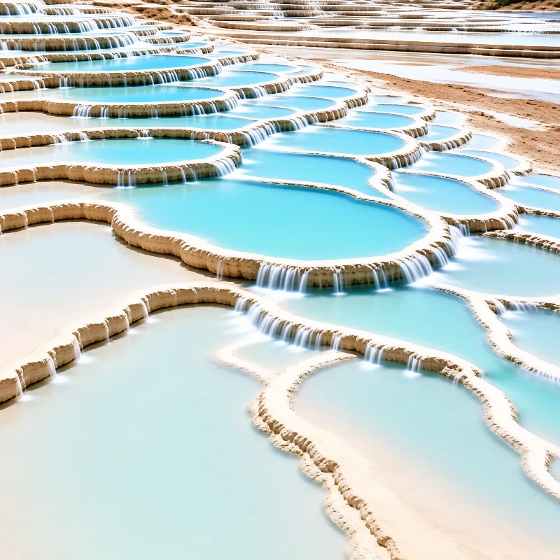 Layered white mineral formations hold pools of bright turquoise water flowing over small ledges under sunny light.