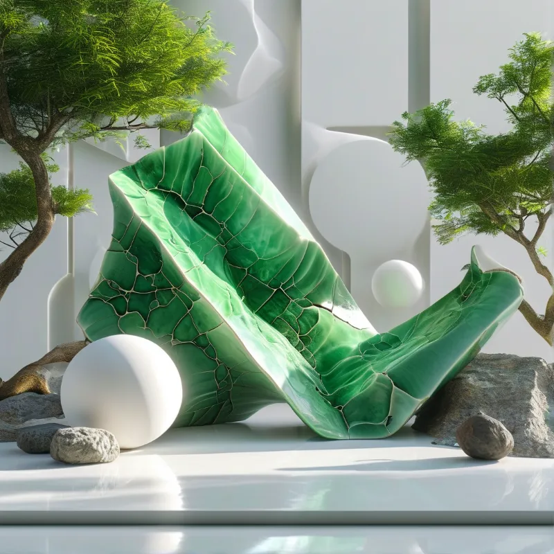 A green cracked sculpture rests in a bright white room flanked by two small trees with white spheres and gray stones