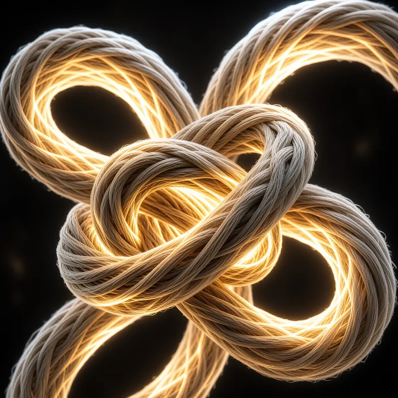 Complex woven strands create luminous patterns upon a dark surface with warm highlights.