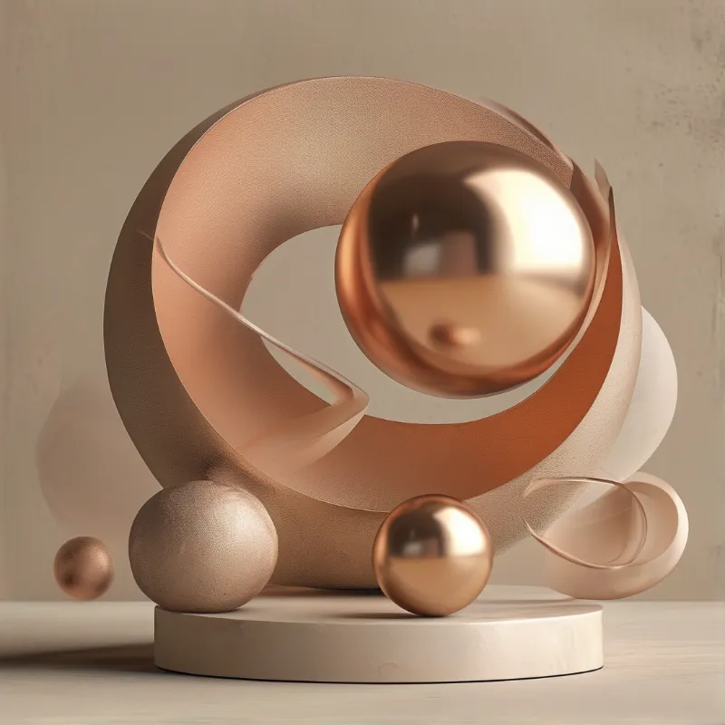 A 3D rendering of polished copper spheres and a curved metallic ring on a beige pedestal under soft lighting