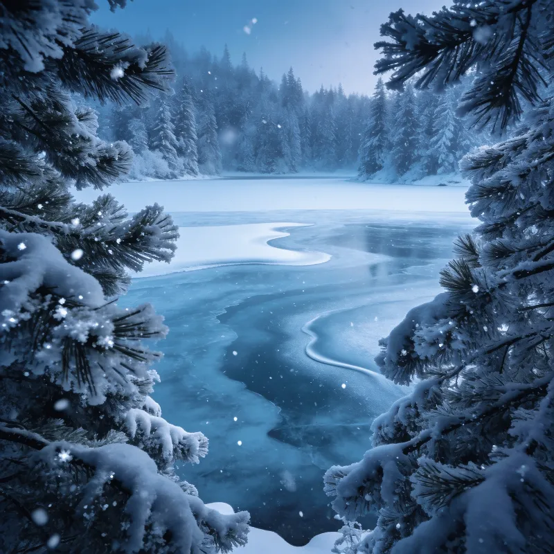 Frozen Lake Beneath Quiet Pines