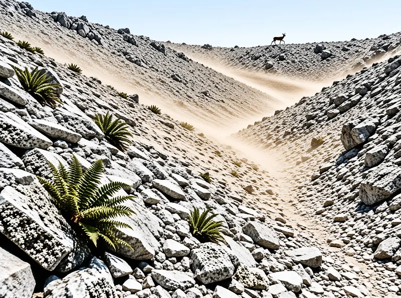 A solitary antelope stands atop a ridge of scattered stones overlooking a dusty valley with green ferns in the foreground.