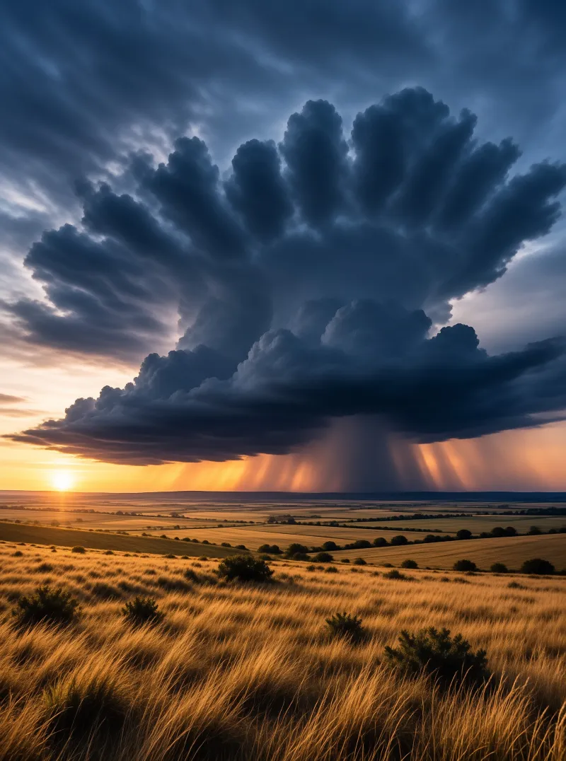 A towering dark cloud bursts into fingered lobes above farmland as low sun rakes gold across the grass.
