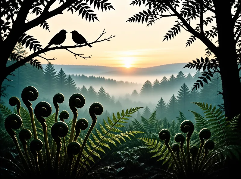 Silhouetted birds perch on a branch above ferns as sunlight rises over a foggy pine forest.