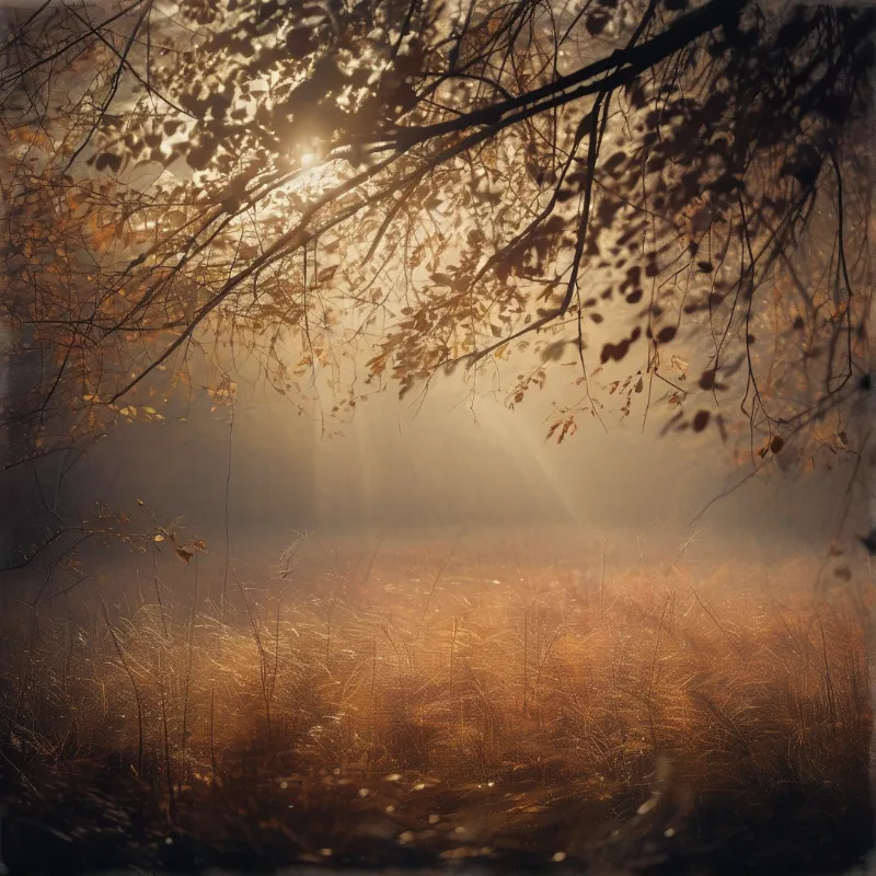 Dry golden grass in a foggy autumn clearing glows under bright sun rays filtering through overhead branches and leaves.