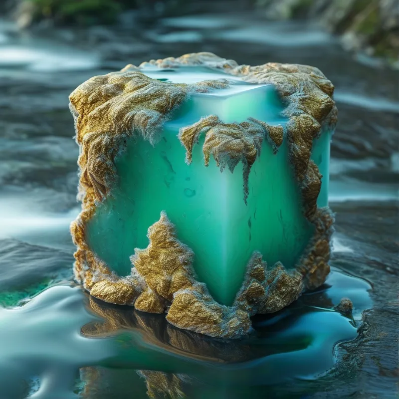 A smooth teal block surrounded by rough golden rock sits partially submerged in a shallow stream.