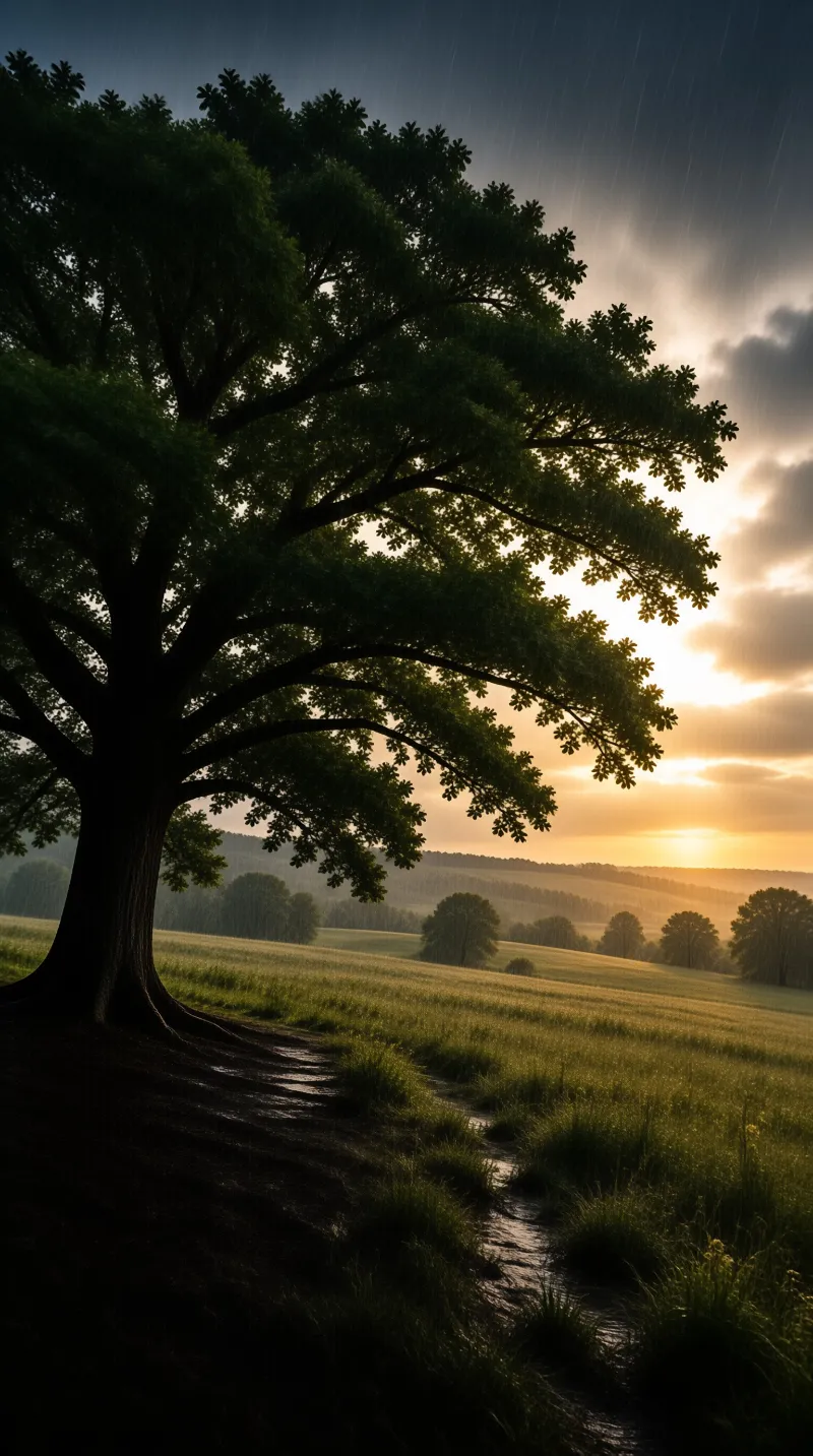 A large dark tree frames a landscape of rolling green hills bathed in warm sunset light during a rainstorm.