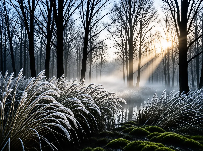 Tall white grasses covered in frost line a stream while golden sunlight shines through the misty trees.