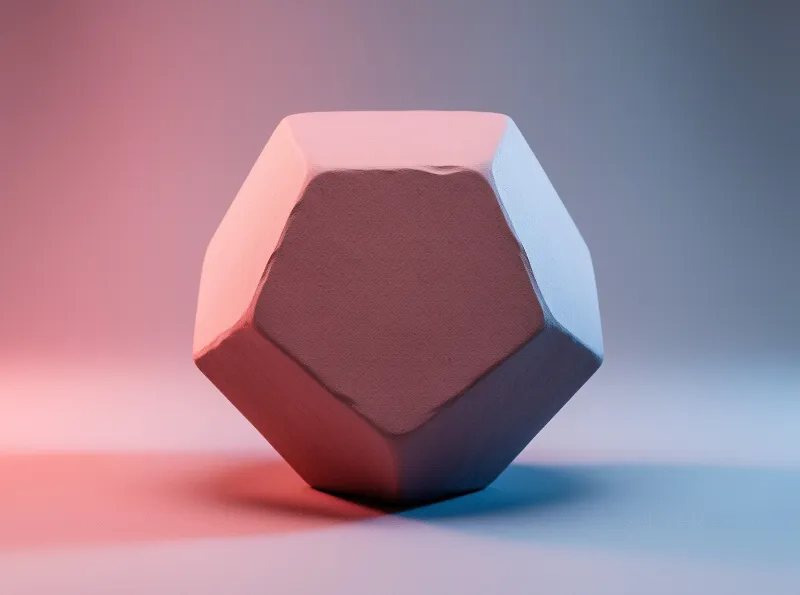 A faceted polyhedral shape rests on a smooth plane against a gradient background lit with warm pink and cool blue light.