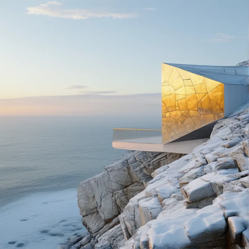 A modern building with a golden wall perches on a snowy cliff above the calm sea during soft daylight.