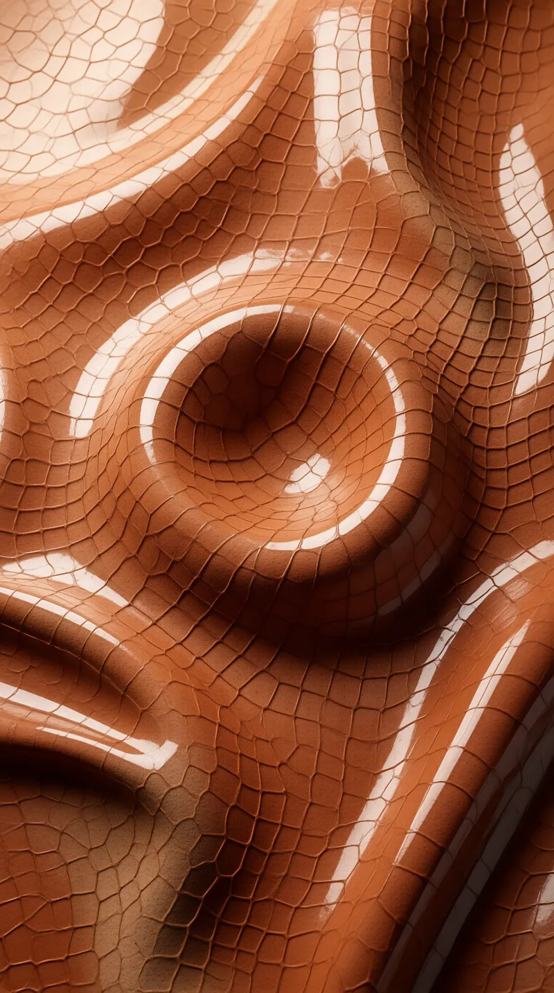 A glossy caramel ceramic surface covered in fine crackle glaze dips into a smooth circular hollow