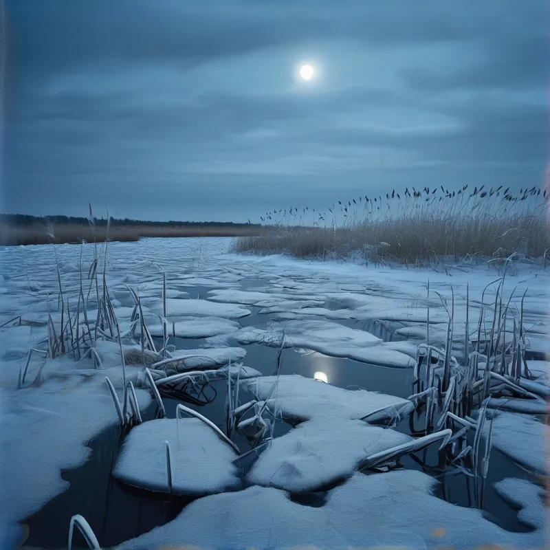 Broken ice floes and frost covered reeds dot a dark marsh while a full moon glows through clouds.